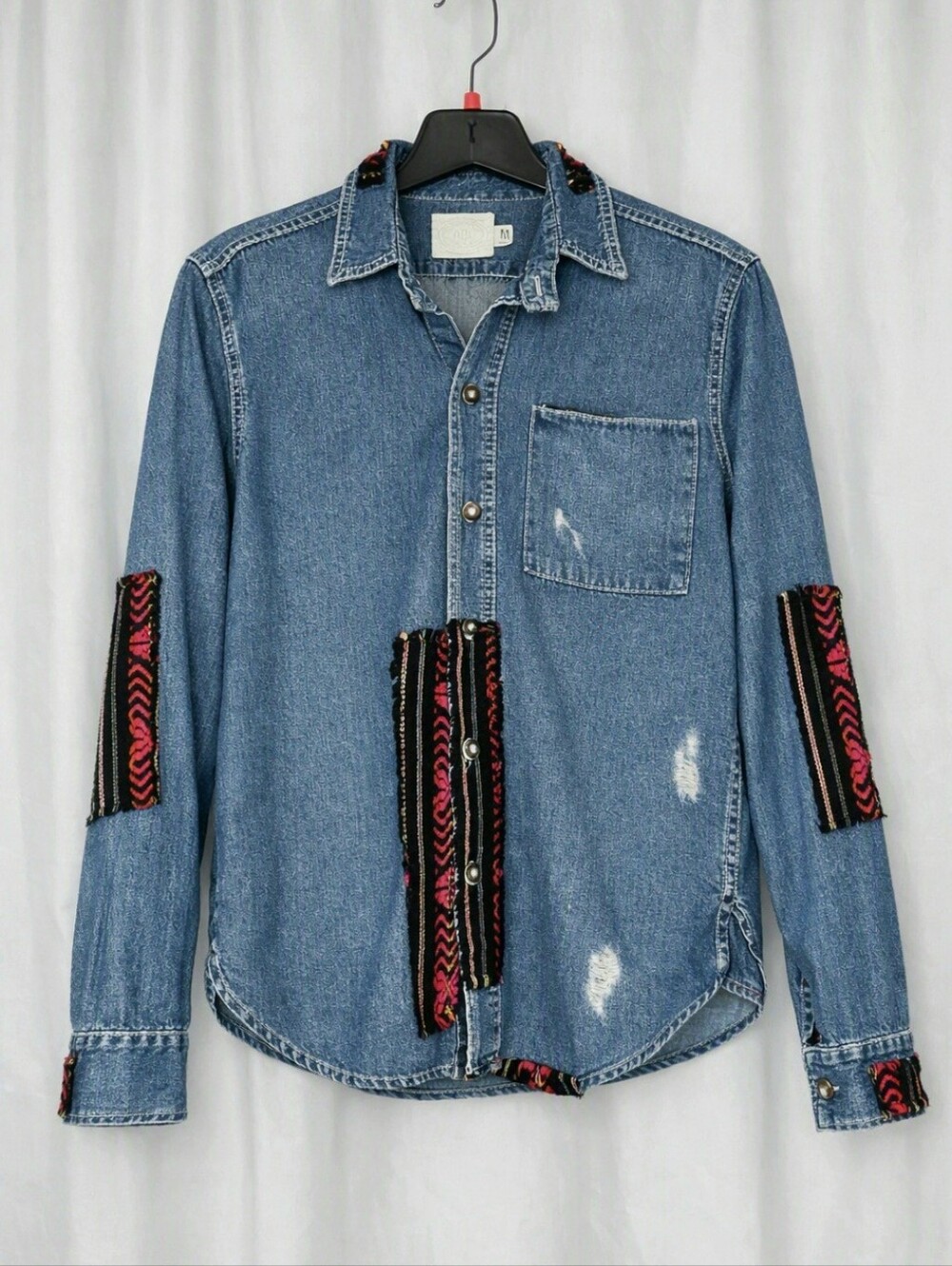 Artisan De Luxe ADL Denim Shirt Distressed Colorful Patchwork Boho Western Wear
